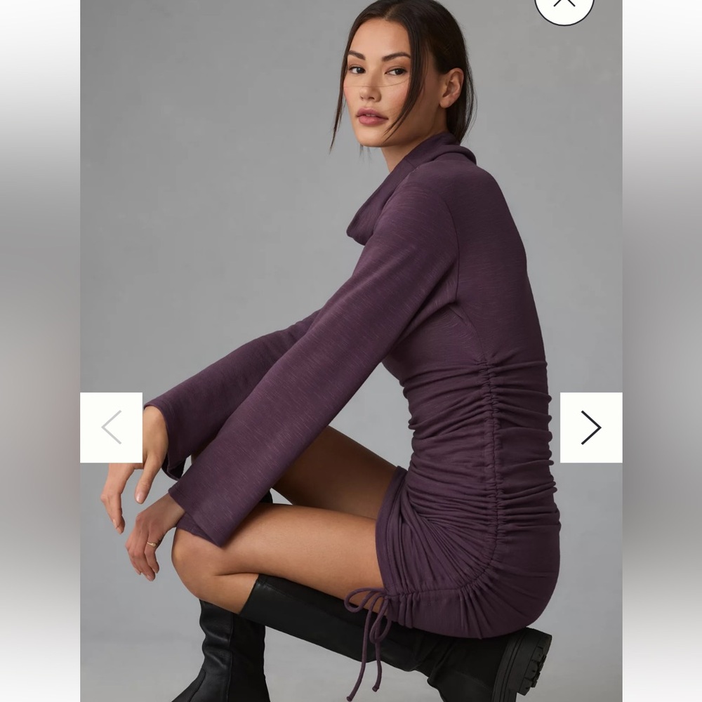 Daily Practice by Anthropologie Long-Sleeve Ruched Mini Plum Dress Women’s Med - Picture 2 of 8